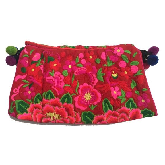 Embroidered Floral Pom Pom Clutches - Picture 2 of 3